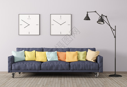 现代室内客厅与沙发,五彩垫落地灯3D渲染图片