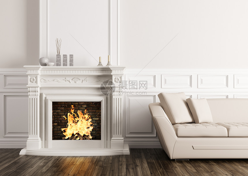 经典的客厅内部与壁炉米色沙发3D渲染图片
