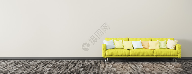 现代室内背景与绿色沙发全景三维渲染背景图片