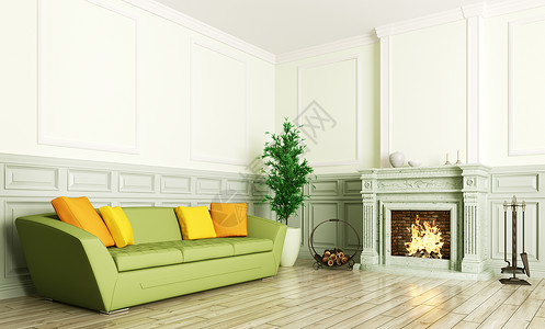 客厅内部绿色沙发壁炉3D渲染图片