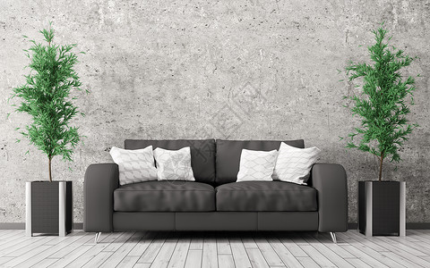 现代室内与黑色沙发植物混凝土墙三维渲染背景图片