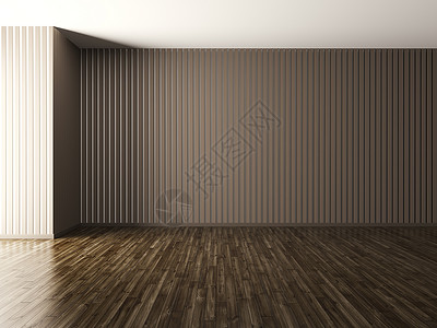 客厅内部空荡荡的,棕色镶板墙硬木地板3D渲染图片