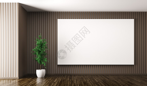 客厅的空旷内部,棕色墙壁上大海报,植物3D渲染背景图片