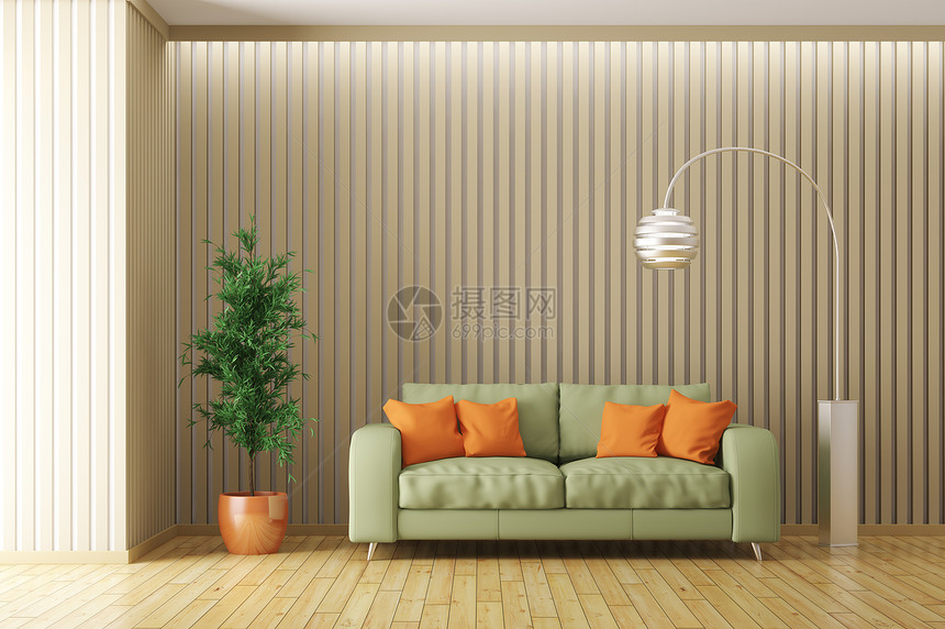 现代室内客厅与绿色沙发,橙色靠垫,落地灯植物3D渲染图片