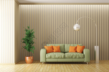 现代室内客厅与绿色沙发,橙色靠垫,落地灯植物3D渲染图片