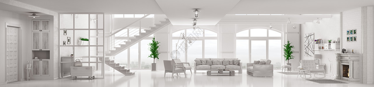 现代白色阁楼公寓内部,客厅,大厅,楼梯,壁炉全景三维渲染图片