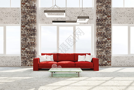 现代室内客厅砖柱混凝土地板红色沙发靠窗3D渲染图片