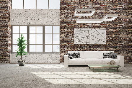 现代客厅内部采用砖墙混凝土地白色沙发窗户三维渲染图片