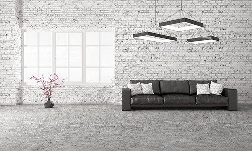 客厅现代内部,沙发混凝土地板,砖墙三维渲染图片