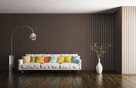 现代室内客厅,沙发,靠垫,落地灯,植物,三维渲染图片