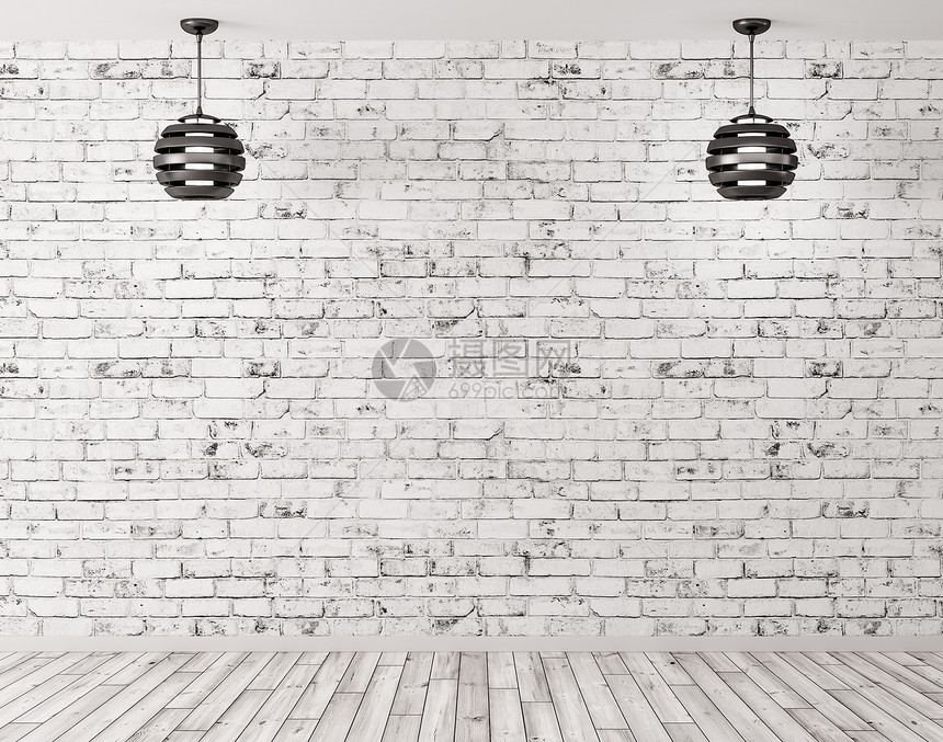两盏黑色灯具靠砖墙,房间内部背景3D渲染图片