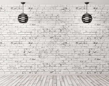 两盏黑色灯具靠砖墙,房间内部背景3D渲染图片