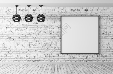 消息海报黑色灯具大海报房间与砖墙硬木地板内部背景3D渲染背景
