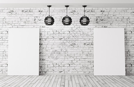 三盏灯两张海报房间与砖墙木地板内部背景三维渲染图片