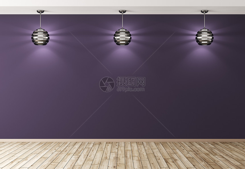 三盏黑色灯具紫色墙内部背景3D渲染图片