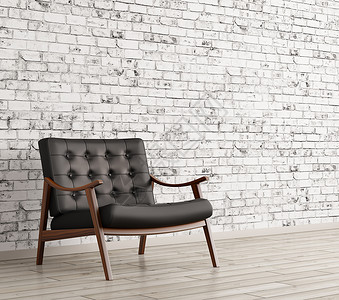 内部与黑色皮革扶手椅白色砖墙三维渲染图片