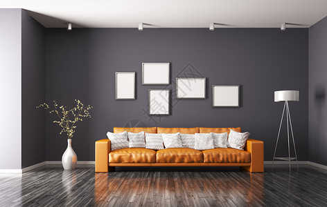 现代室内客厅橙色沙发,落地灯三维渲染图片