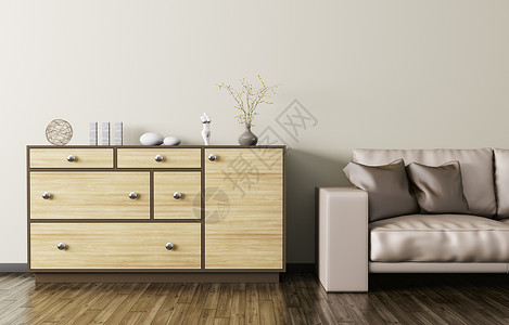 现代室内客厅与木制梳妆台米黄色皮革沙发3D渲染背景图片
