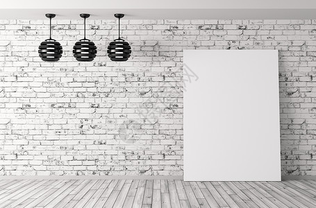 三盏灯海报房间与砖墙内部背景三维渲染图片