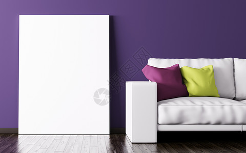 客厅内部与海报白色沙发紫墙三维渲染图片