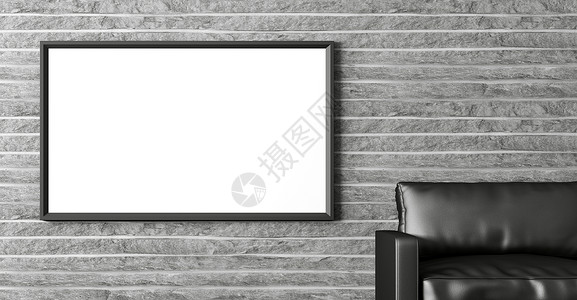 现代室内与海报黑色沙发石墙3D渲染图片