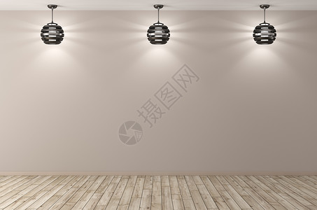 室内背景与三盏灯的米黄色墙壁三维渲染背景图片
