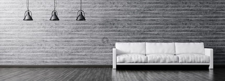 现代客厅内部白色沙发黑色灯具石墙全景三维渲染图片
