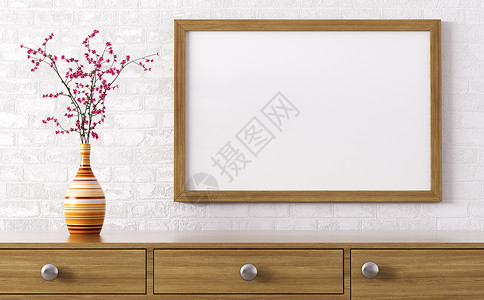 白色木框梳妆台上方的空白木框,花瓶内部装饰背景3D渲染背景