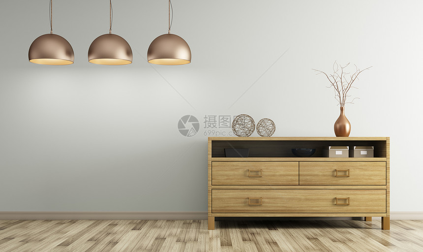 现代室内客厅与木制梳妆台灯具三维渲染图片