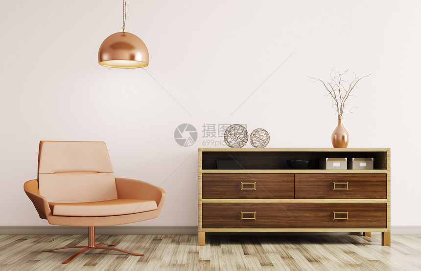 现代室内客厅与木制梳妆台,躺椅灯3D渲染图片