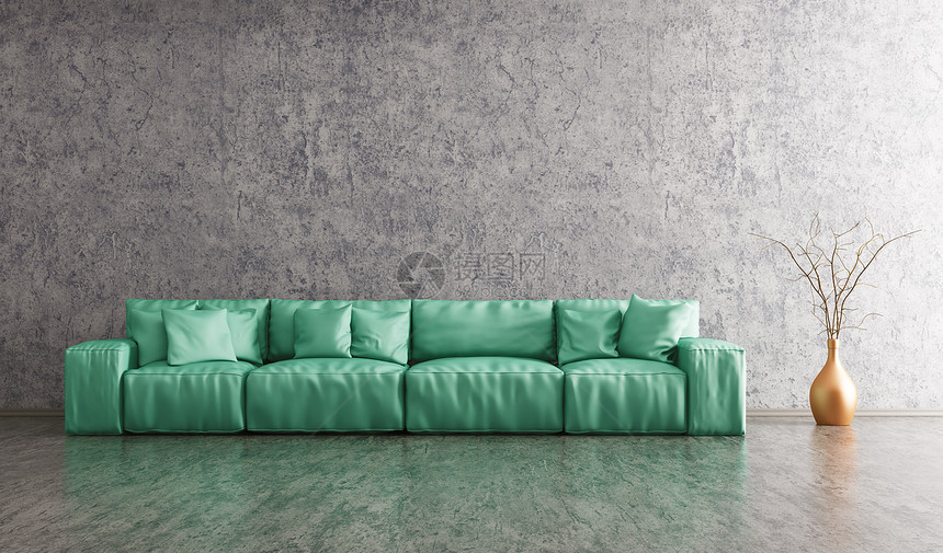 现代客厅内部绿色沙发花瓶靠混凝土墙三维渲染图片