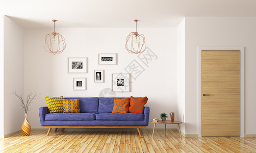 现代室内客厅与蓝色沙发门3D渲染图片