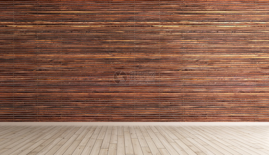 空的内部背景,棕色木板墙硬木地板三维渲染图片