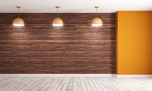 空的内部背景,房间棕色木板墙橙色角落,三盏灯3D渲染背景图片