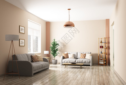 现代室内客厅与两个灰色沙发3D渲染图片