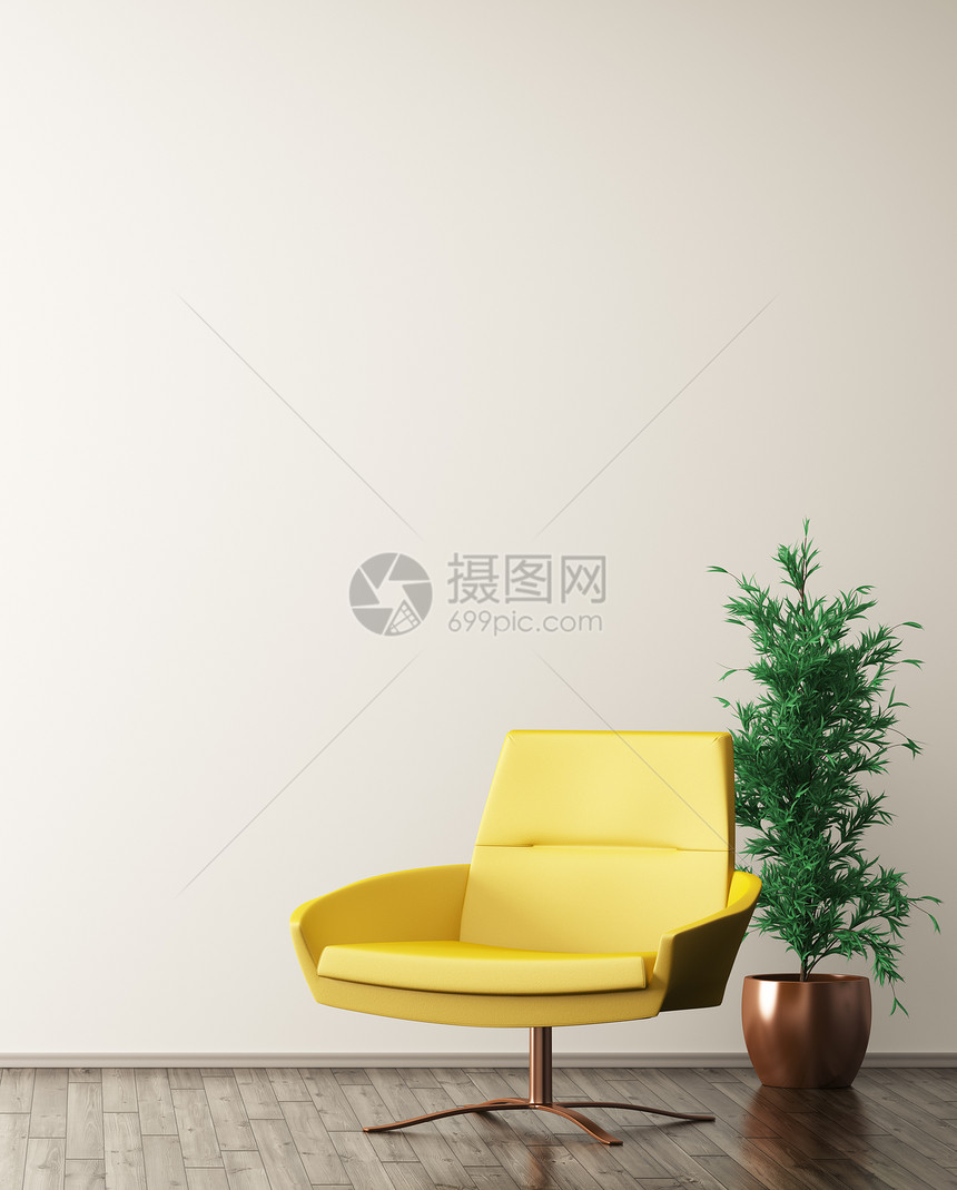 现代室内客厅与黄色扶手椅三维渲染图片