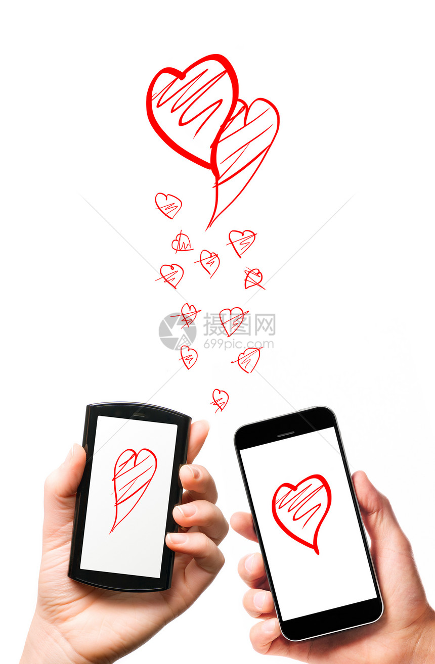 现代智能手机的心脏男女的手孤立白色的背景上现代智能手机手图片