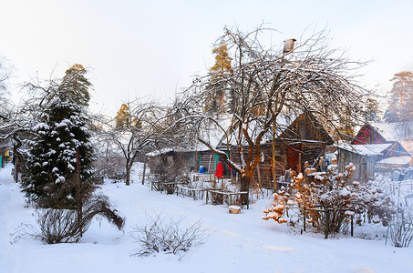 下雪的农村房子俄罗斯村庄的农村房子被雪覆盖图片