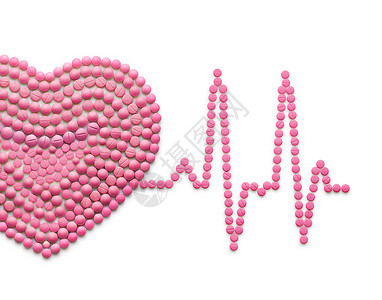 创造的医学医疗保健由药物药丸制成,隔离白色上心电图,颗心跳线的人类心脏背景