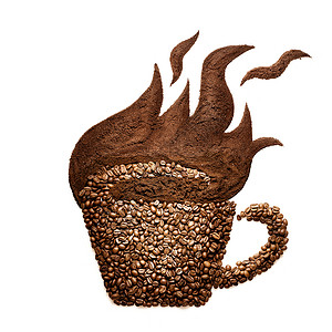 创造的静物的杯子与燃烧的火焰由咖啡豆制成,隔离白色上图片