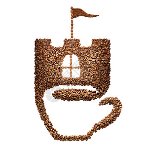 创意静物的杯子与城堡形象由咖啡豆制成,隔离白色上图片