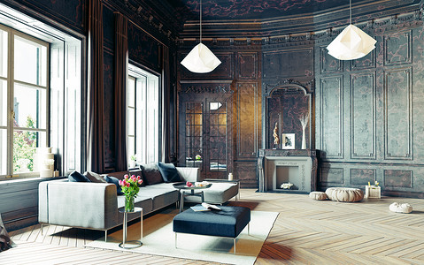 现代风格的黑色客厅公寓三维渲染图片