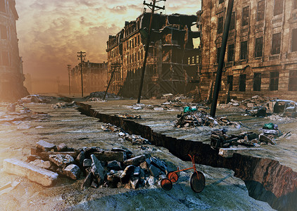 碎片化时代街道上裂缝的城市废墟三维插图背景