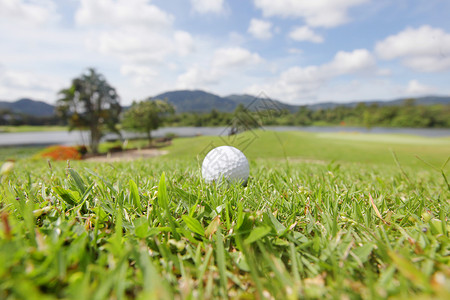 球场上的高尔夫球球场上的高尔夫球,背景上美丽的风景图片