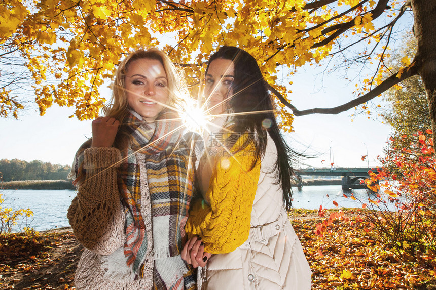 秋天公园的女人阳光明媚的日子里,秋天公园里两个开朗的女人图片