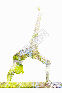 叶卡帕达自然谐健康的生活方式理念双曝光图像的妇女瑜伽体式单腿向上弓姿势EkapadaurdhvaDhanurasanaasana背景