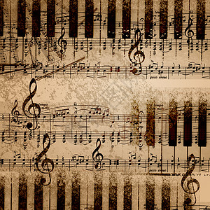 靠窗旧钢琴旧纸张背景上的音乐音符背景