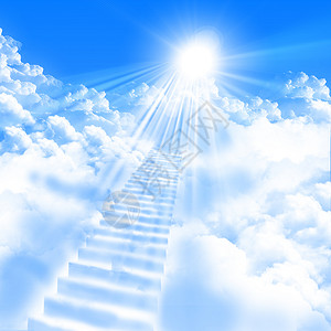 指向蓝色多云天空太阳的梯子图片