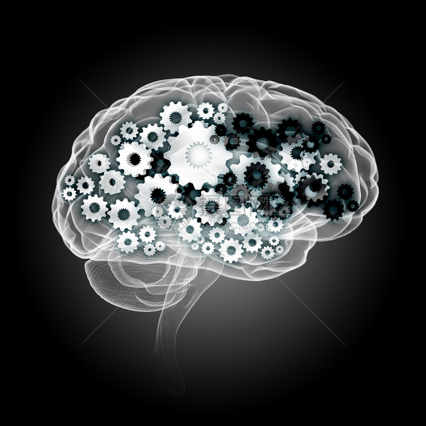 头脑风暴的人脑轮廓与齿轮齿轮元件黑色背景下图片