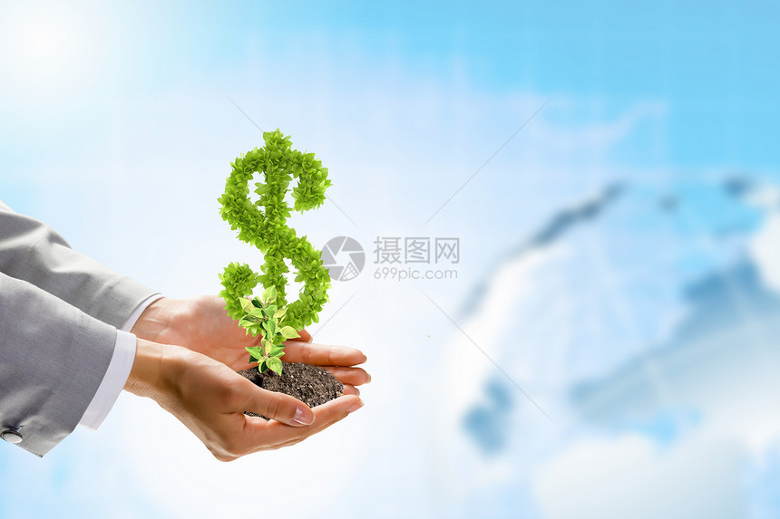 增长人类手着形状像美元的植物的形象图片
